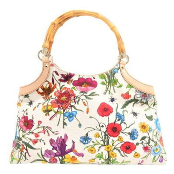 Gucci Handbags - Gucci Flora Bamboo Tote Bag Beige Canvas Leather Floral handbag